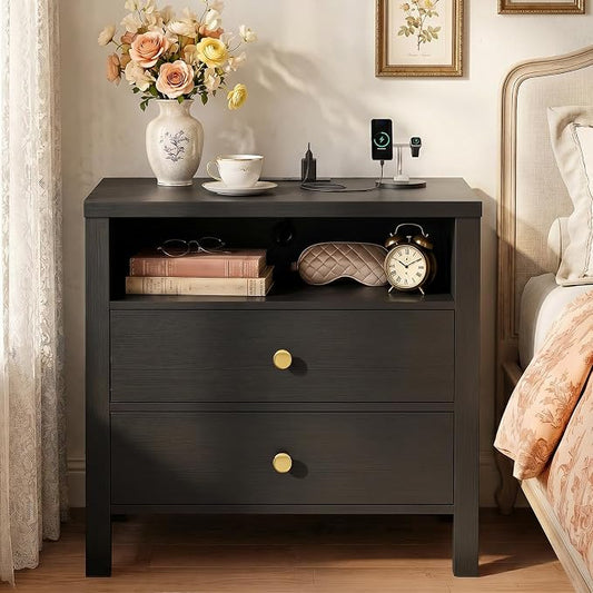 Aheaplus Nightstand with Charging Station, 23.6'' Large Bed Side Table with Wooden 2 Drawers, Night Stand for Bedroom, End Table with Open Storage Shelf for Living Room, Black