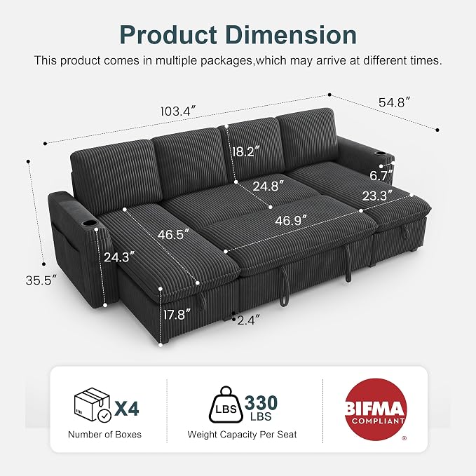 Sectional Sleeper Sofa with Pull Out Bed, Plush Corduroy Sectional Sofa with Double Storage Chaise and Adjustable Backrest, Cloud Sectional Couches for Living Room, Apartment, Dark Grey