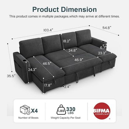 Sectional Sleeper Sofa with Pull Out Bed, Plush Corduroy Sectional Sofa with Double Storage Chaise and Adjustable Backrest, Cloud Sectional Couches for Living Room, Apartment, Dark Grey