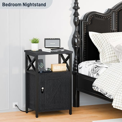 runjuly Wooden Nightstand with Charging Station, Bed Side Table with Drawers, Bedside Table with Lock, 3 USB & 2 Outlets, Night Stand with Cabinet Storage, End Table for Bedroom, Black