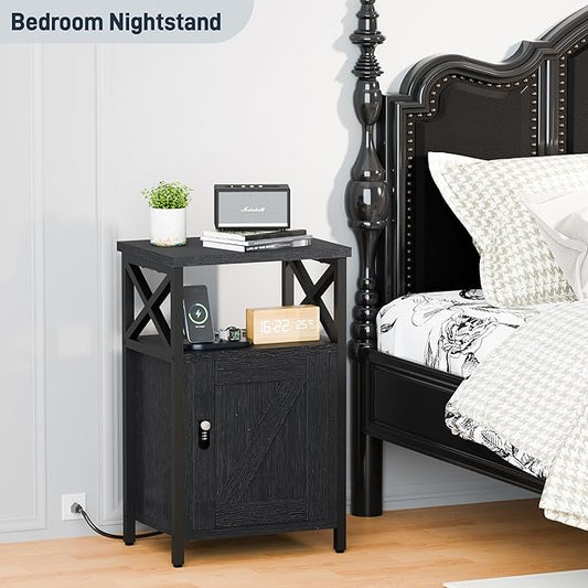 runjuly Wooden Nightstand with Charging Station, Bed Side Table with Drawers, Bedside Table with Lock, 3 USB & 2 Outlets, Night Stand with Cabinet Storage, End Table for Bedroom, Black