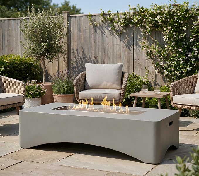 56" Propane Fire Pit Table, 50,000 BTU Rectangular Outdoor Gas Fire Pit, Concrete Patio Fire Table with Tank Seat, Lava Rocks & Waterproof Cover for Backyard Deck, Light Grey