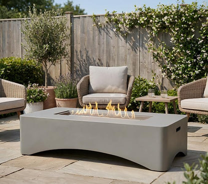 56" Propane Fire Pit Table, 50,000 BTU Rectangular Outdoor Gas Fire Pit, Concrete Patio Fire Table with Tank Seat, Lava Rocks & Waterproof Cover for Backyard Deck, Light Grey