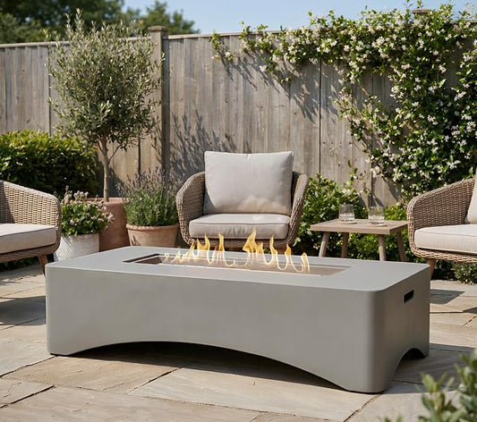 56" Propane Fire Pit Table, 50,000 BTU Rectangular Outdoor Gas Fire Pit, Concrete Patio Fire Table with Tank Seat, Lava Rocks & Waterproof Cover for Backyard Deck, Light Grey