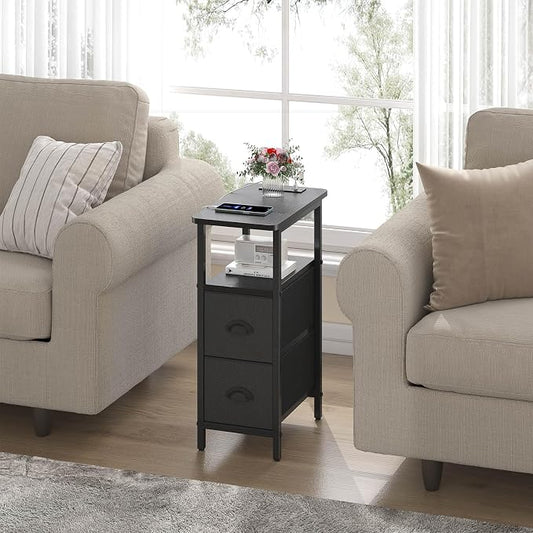 sthmec Narrow End Table with Charging Station, Narrow Side Table with 2 Fabric Drawers, Slim Nightstand, Skinny Bedside Table, Small Side Table for Small Spaces, Living Room, Bedroom, Black