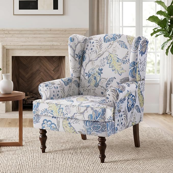 HUIMO Printed Wingback Accent Chair, Linen Upholstered High Back Armchair, Comfy Reading Chair for Living Room Bedroom Study, 300lbs Weight Capacity (1, Blue Floral)