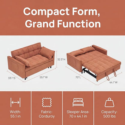 3 in 1 Convertible Sofa Bed, Corduroy Fabric Loveseat Sleeper Couch, Modern Pull Out Couch with Side Pockets, Sleeper Sofa Bed with Adjustable Backrest for Living Room, Orange