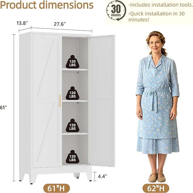 61”H Metal Kitchen Pantry Cabinet, Pantry Cabinets with 2 Doors and 3 Shelves, Kitchen Cabinet for Kitchen, Dining Room, Living Room and Bathroom, White