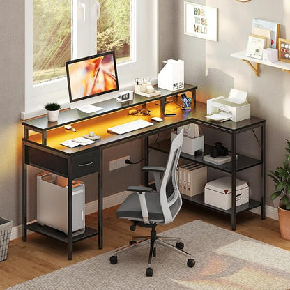 DUMOS 53" Gaming Desk with USB Charging Ports & LED Lights, Reversible L-Shaped Corner Computer Table for Small Spaces, Power Outlets, Monitor Stand & Storage Shelves Included, Modern Black