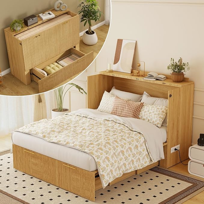 Full Size Murphy Bed Cabinet: Oak Cabinet Bed with Charging Station, Wood Murphy Cabinet with Large Drawers for Guest Room, Living Room and Office