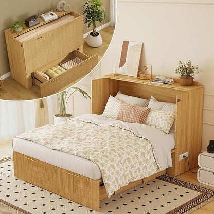 Full Size Murphy Bed Cabinet: Oak Cabinet Bed with Charging Station, Wood Murphy Cabinet with Large Drawers for Guest Room, Living Room and Office