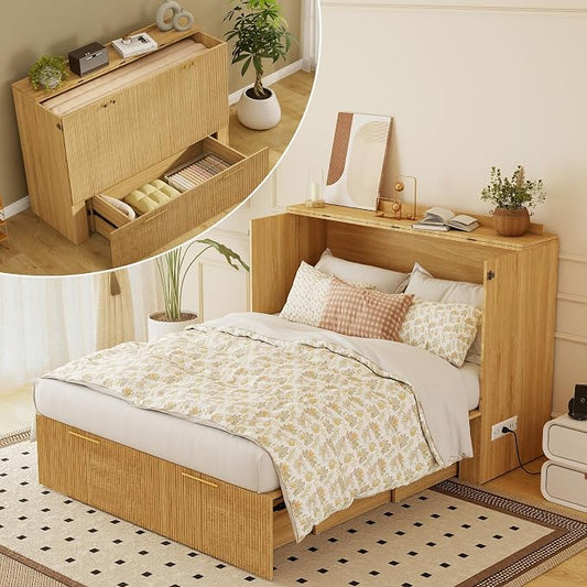 Full Size Murphy Bed Cabinet: Oak Cabinet Bed with Charging Station, Wood Murphy Cabinet with Large Drawers for Guest Room, Living Room and Office