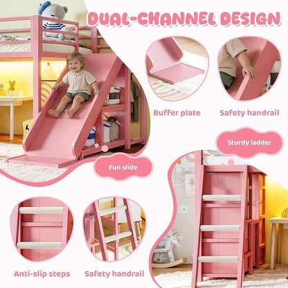 Bellemave Twin Size Low Loft Bed with Slide & 7 Fabric Storage Drawers,Metal Loft Bed Frame with Shelves and LED Lights for Boys Girls,Kids Loft Bed Twin,Pink