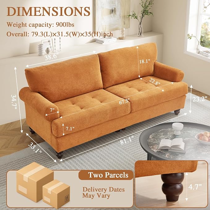 81” Sofa Couch with Storage, Mid Century Modern Decor Loveseat Couches for Living Room, Button Tufted Upholstered Small Couch for Bedroom, Apartment (Ginger)