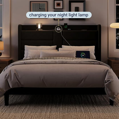Allewie Queen Size Platform Bed Frame with Charging Station & Storage Headboard, Upholstered Velvet Wingback Design & USB Port, Strong Wooden Slats Support, No Box Spring Needed, Easy Assembly, Black