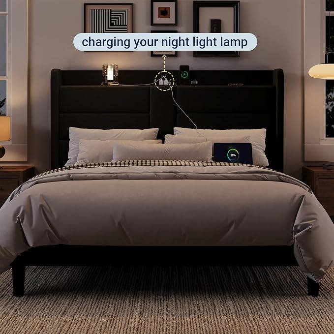 Allewie Full Size Platform Bed Frame with Charging Station & Storage Headboard, Upholstered Velvet Wingback Design & USB Port, Strong Wooden Slats Support, No Box Spring Needed, Easy Assembly, Black