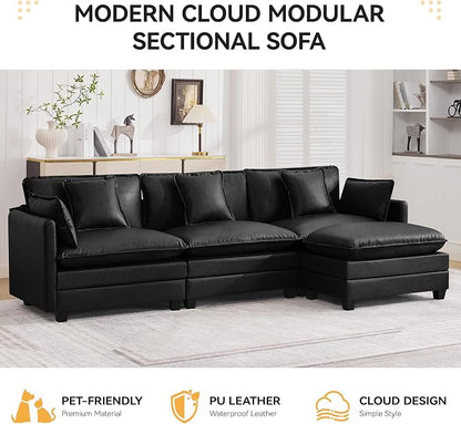 111'' Sectional Cloud Deep Seat Couch, Modern Comfy Leather L Shaped Sectional Sofa for Living Room Set, Upholstered Modular 4-Seats Sofa Couch with 1 Movable Ottoman, Leather Black