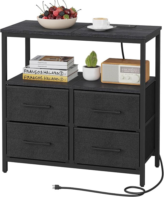 TUTOTAK Large Night Stand with Charging Station, Nightstand with USB and Type-C Port, Bedside Table with Cloth Drawers, End Table for Livingroom, Bedroom, Black TB01BK081