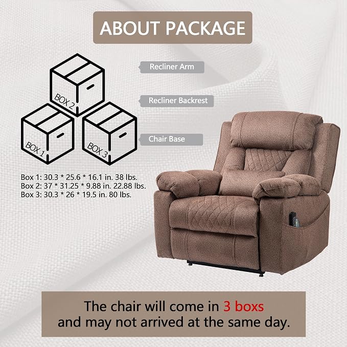 FUNECORP Big Man Power Lay Flat Lift Chair Oversized Recliner Dual Motor Heat Vibration for Elderly, Overstuffed Electric Extra Wide Recliners with Flip Arm Storage Cup Holders,USB Type C Charging