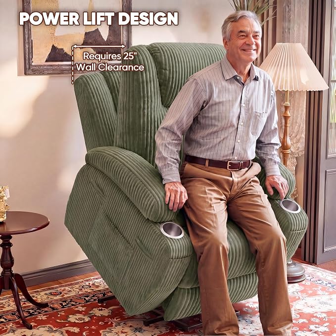Flamaker Power Lift Recliner Chair Electric Lift Recliner for Elderly Power Lift Recliner Chair with Cup Holders Side Pockets for Living Room (Corduroy, Green)