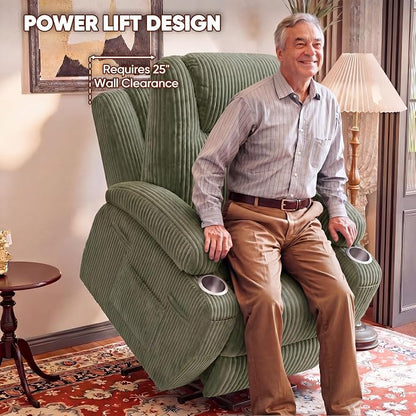 Flamaker Power Lift Recliner Chair Electric Lift Recliner for Elderly Power Lift Recliner Chair with Cup Holders Side Pockets for Living Room (Corduroy, Green)