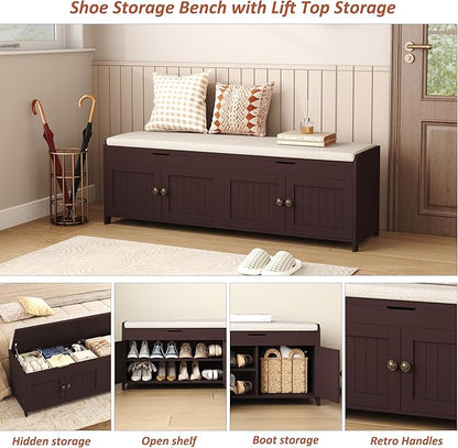 HOMEFORT 54.4" Shoe Bench with Lift Top Storage, Entryway Bench with Cushioned Seat, Wooden End of Bed Bench, Shoe Cabinet Bench with Hidden Storage Space, for Bedroom, Hallway,Espresso