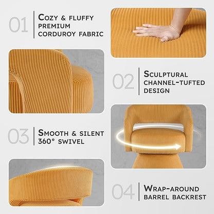 Lexicon 360 Degree Swivel Accent Chair, Modern Comfy Corduroy Round Barrel Chair, Open Back, Plush Foam Cushions, Metal Swivel Base for Living Room/Bedroom/Office/Small Spaces, Yellow