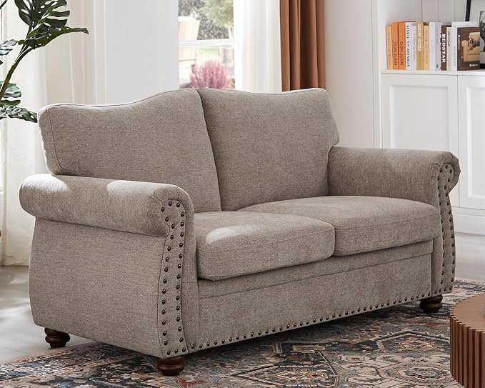 ONBRILL Nailhead Sofa, 66 Inch Small Couch with Rolled Arms, Chenille Fabric Loveseat w/Springs Seat Cushion, Vintage Curved Back, Turned Wood Legs, Comfy Couch for Living Room, Farmhouse, Beige