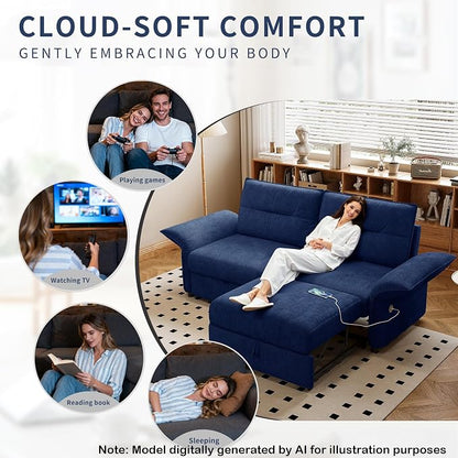 85'' Sofa Bed Full, Assembly, 3 in 1 Sleeper Sofa Beds, Flannel Pull Out Couch for Living Room, Charging & Adjustable Armrest, Comfy Loveseat for Small Space, Flannel Blue