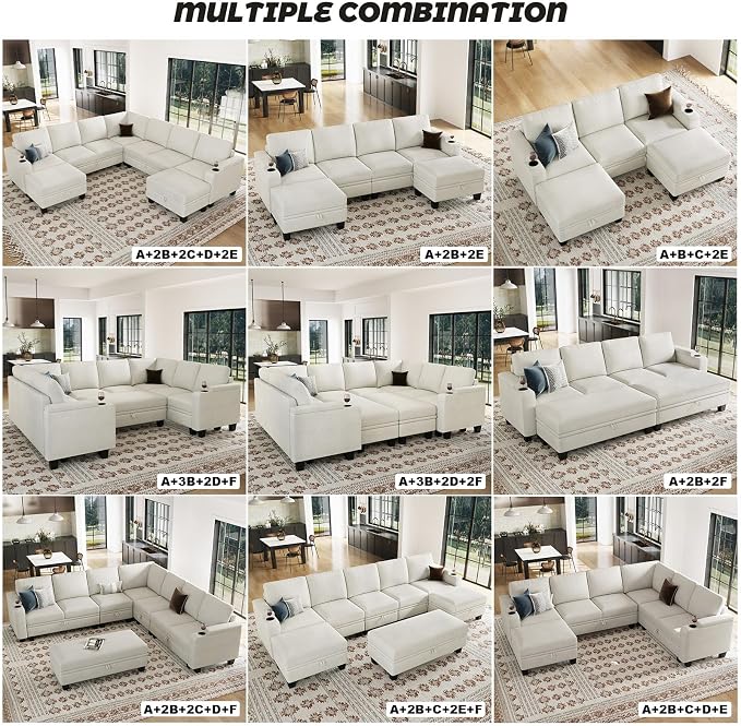 Belffin Oversized U Shaped Modular Sectional Couch for Living Room 10 Seater Modular Sofa Set with Storage Ottoman Large Sectional Couch with Cup Holder White