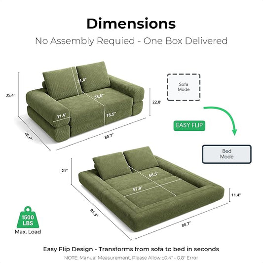 LIKIMIO FlipNest Convertible Sleeper Sofa Bed Floor Sofa 3-in-1 No Assembly, Foldable Mattress with Corduroy Upholstery Olive Green, Lounge Loveseat Couch for Living Room Studio Guest Room