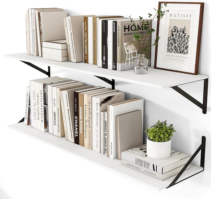 Heimlove White Deep Floating Shelves for Wall, 44W x 12D Wood Wall Shelves Set of 2, Wide Floating Bookshelf for Living Room, Kitchen, Office, Bedroom and Decor Storage, with Black Bracket - White