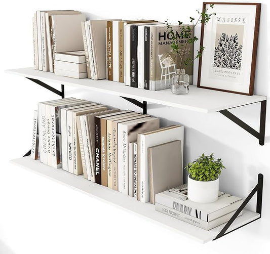 Heimlove White Deep Floating Shelves for Wall, 44W x 12D Wood Wall Shelves Set of 2, Wide Floating Bookshelf for Living Room, Kitchen, Office, Bedroom and Decor Storage, with Black Bracket - White