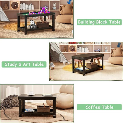 2 in 1 Kids Activity Train Table with Board and Storage, Wooden Play Table for Arts Draw, Building Blocks, Reading
