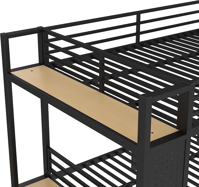 Bellemave Bunk Bed Queen Over Queen,Metal Bunk Beds with Shelf and Guardrails and Storage Drawers and Clothes Hooks for Kids, Teens & Adults（Black）