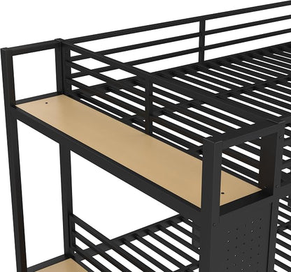 Bellemave Bunk Bed Queen Over Queen,Metal Bunk Beds with Shelf and Guardrails and Storage Drawers and Clothes Hooks for Kids, Teens & Adults（Black）