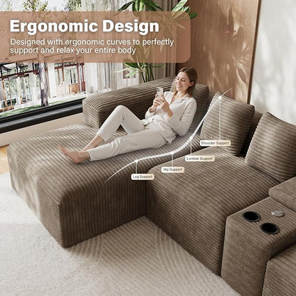 143" Oversized U Shaped Cloud Sectional Couches for Living Room, Comfy Fluffy Corduroy Light Brown Boneless Couch, Large Modular Sectional Sofa Set with Chaise, Cup Holder, USB Port, Storage Console