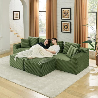 127" U-Shaped Cloud Sectional Couch Oversized Modular Compressed Boneless Sectional Sofa with Ottoman Chaise Lounges & Console, Plush Corduroy Boneless Symmetrical Sofa