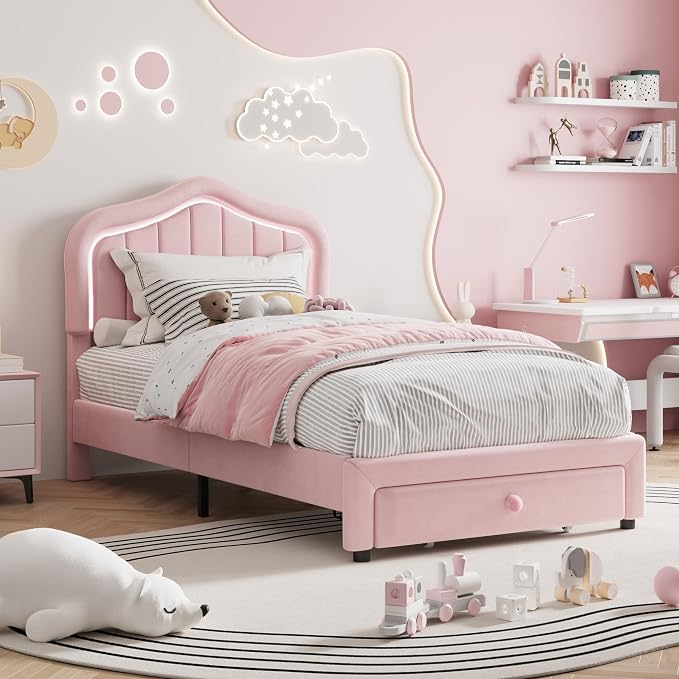 Twin Upholstered Bed Frame with Storage Drawer and Smart Led Headboard, Twin Size Platform Bed Frames for Kids, Wooden Slats Support, No Box Spring Needed, Easy Assembly, All Pink