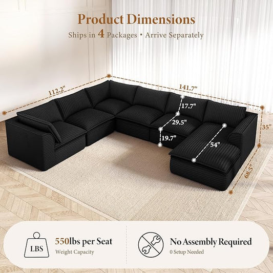 Vesgantti 141.7" Oversized Sectional Boneless Couch, Modern 7 Seater Modular Sofa with Chaise, Deep Seat Convertible Plush Corduroy Cloud Couches for Living Room, No Assembly Required, Black