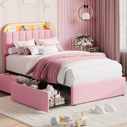 Garvee Twin XL Size Bed Frame with 2 Flexible Drawers, Velvet Upholstered Platform Bed Frame with Bookcase Headboard and LED Lights, Kids Bed for Girls, Easy Assembly, Noise Free, Pink