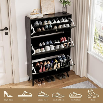 Fsbecl Shoe Storage Cabinet for Entryway with 3 Flip Drawers, Narrow Shoe Organizer with Fluted Panel, Freestanding Wood Hidden Shoe Cabinet for Hallway(Black, 31.4''W, Double Layer)