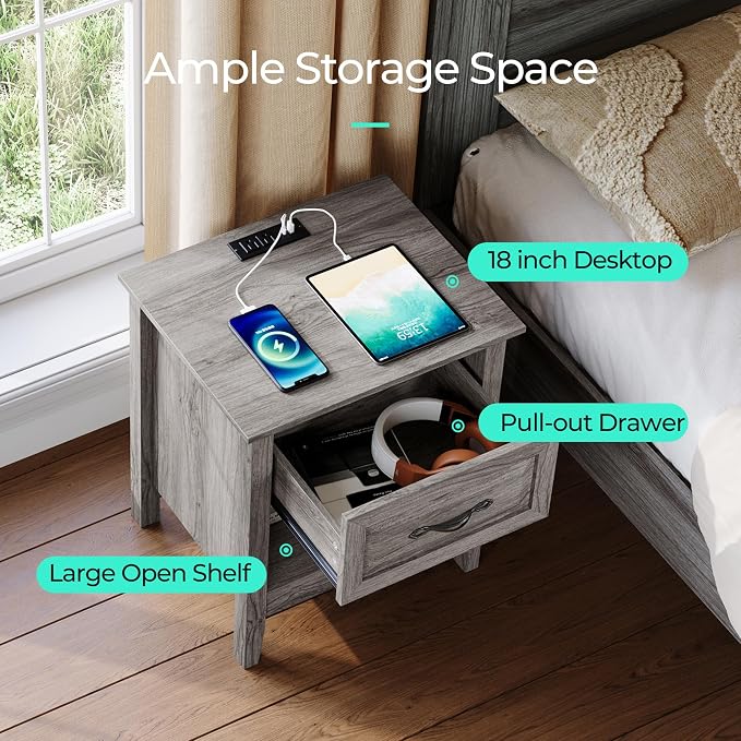 LINSY Night Stand 18.9" Farmhouse Wood Night Stand with Type-C Charging Station Open Storage Shelf Nightstands with Drawer Side Table End Table for Bedroom Living Room Sofa Couch Office Grey