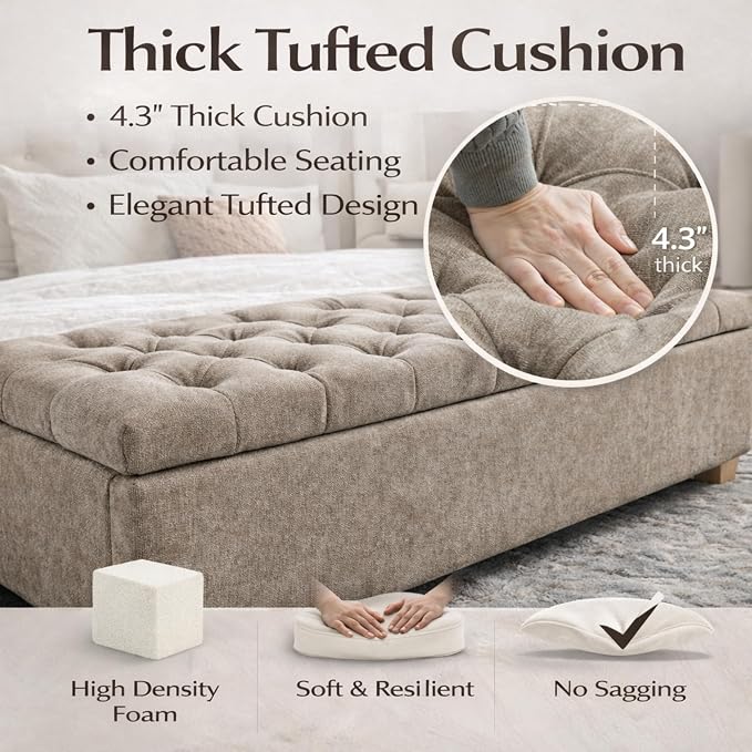 60.2" Storage Bench, End of Bed Storage Benches, Chenille Fabric Upholstered Ottoman Bench with Safety Hinge for Living Room Entryway Bedroom Hallway