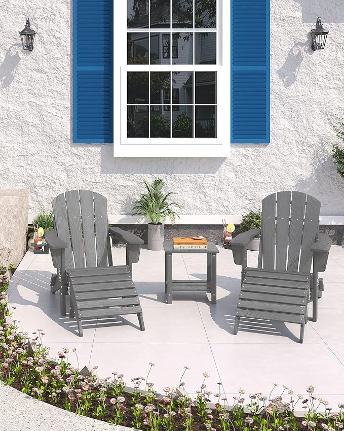 Garvee Folding Adirondack Chair Set of 5, HDPE Outdoor Patio Chair with Cup Holder, All Weather Resistent Wooden Textured for patios, Decks, Gardens, fire Pit, Grey