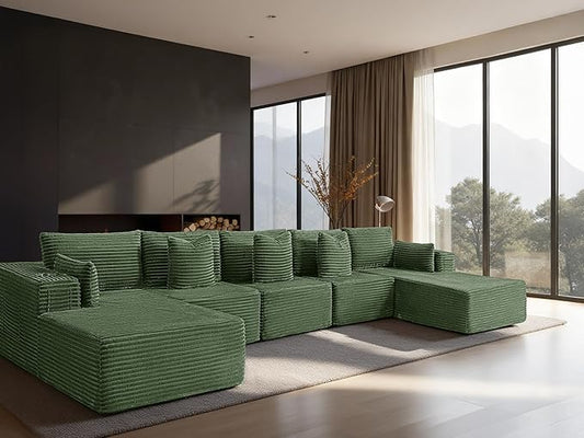 168" Cloud Sectional Couch, Comfort U Shaped Sofa for Living Room, Extra Deep Seats No Assembly, Minimalist Modular Couch, Corduroy (Olive Green, 7 Seats,U-Shape C)