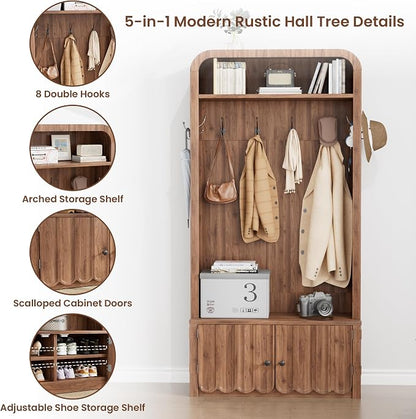 Narrow Hall Tree with Bench and Shoe Storage, Arched Entryway Coat Rack with Adjustable Shoe Cabinet,8 Hooks, Modern Rustic Mudroom Storage Organizer with Scalloped Wave Fluted Doors (Walnut)