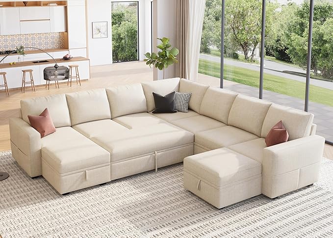 HONBAY Modular Sectional Sleeper Sofa with Pull Out Couch, Oversized U Shaped Sleeper Pull Out Bed with Storage Sectional Couches for Living Room - Beige