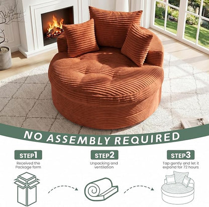 Oversized Round Chaise Lounge Chair, Deep Seat Cloud Boneless Floor Sofa Couch, Upholstered Corduroy Sleeper with 3 Pillows & Optional Ottoman, No Assembly Modern Lazy Floor Lounger for Living Room