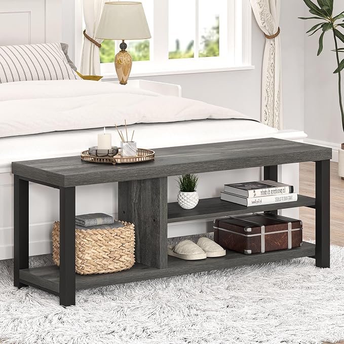 EXCEFUR Industrial Entryway Bench, Rustic Indoor Shoe Boot Storage Bench Seat for Living Room, Grey